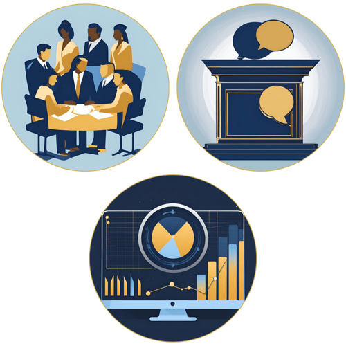 Jury Research graphic- group of professionals in meeting; podium with speech bubble and computer showing analytics